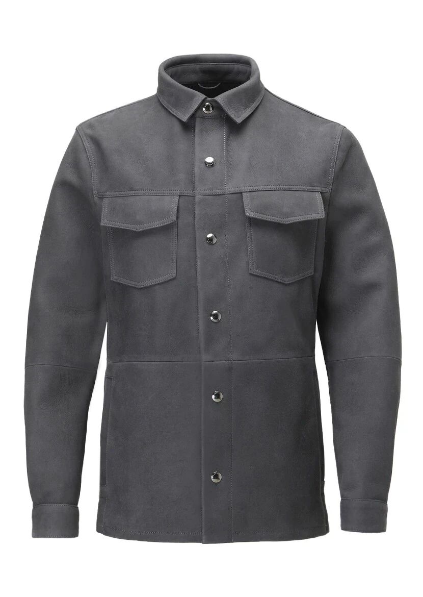 Antrasit Regular Fit Gömlek Yaka Casual Süet Deri Mont - 9