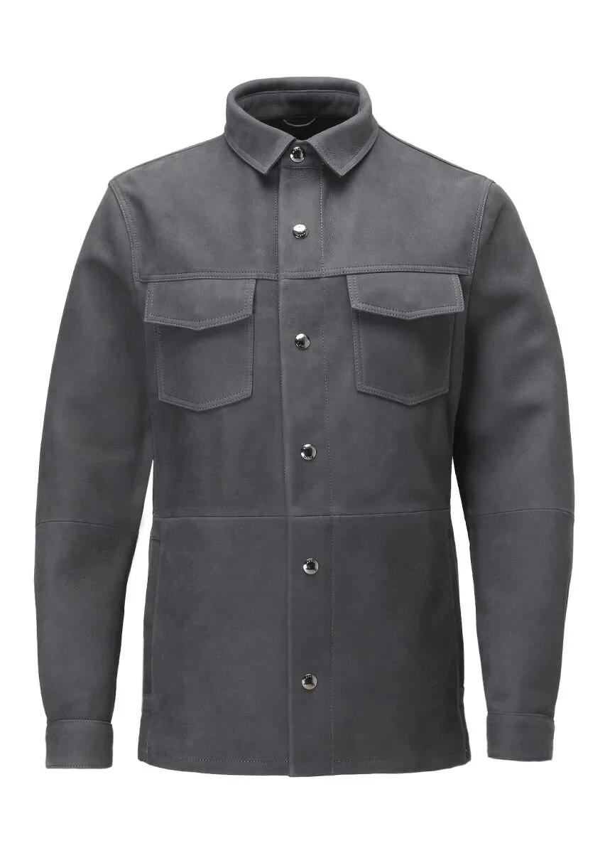 Antrasit Regular Fit Gömlek Yaka Casual Süet Deri Mont - 9