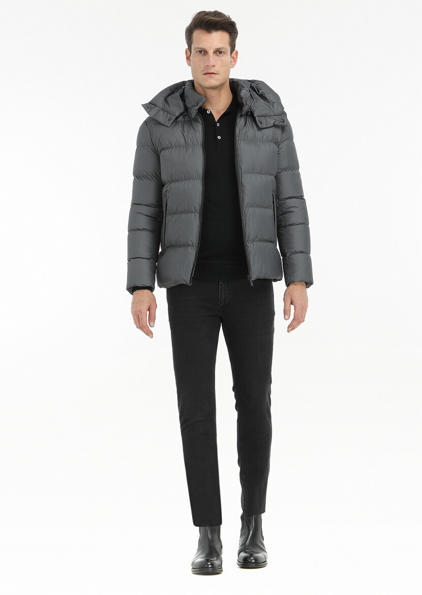 Antrasit Regular Fit Kapüşonlu Casual Dokuma Mont - 1