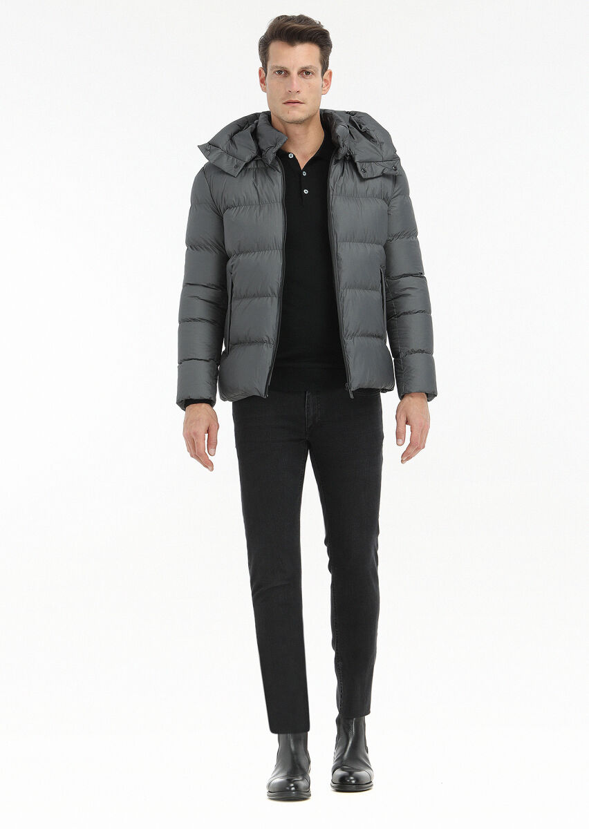 Antrasit Regular Fit Kapüşonlu Casual Dokuma Mont - 1