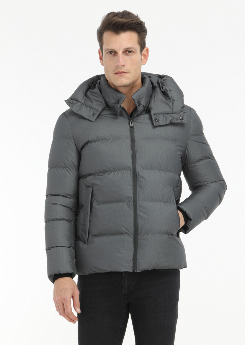 Antrasit Regular Fit Kapüşonlu Casual Dokuma Mont 