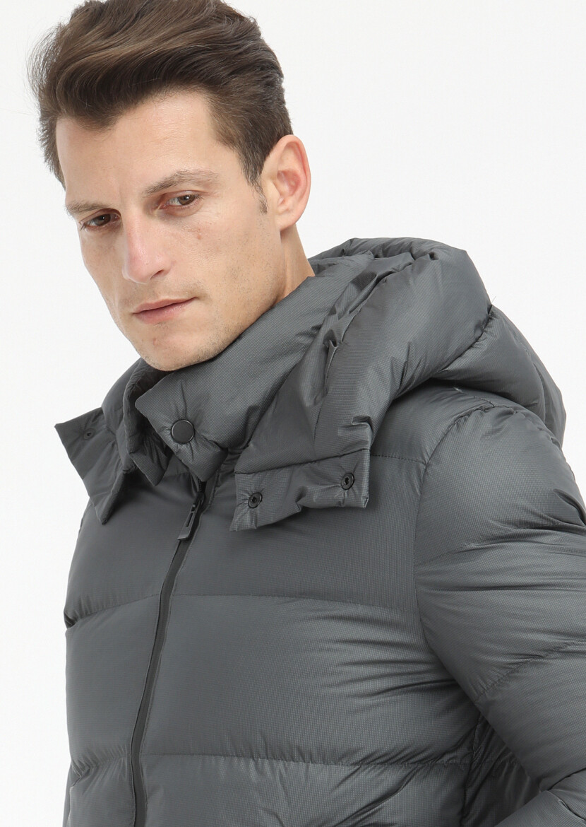 Antrasit Regular Fit Kapüşonlu Casual Dokuma Mont - 3