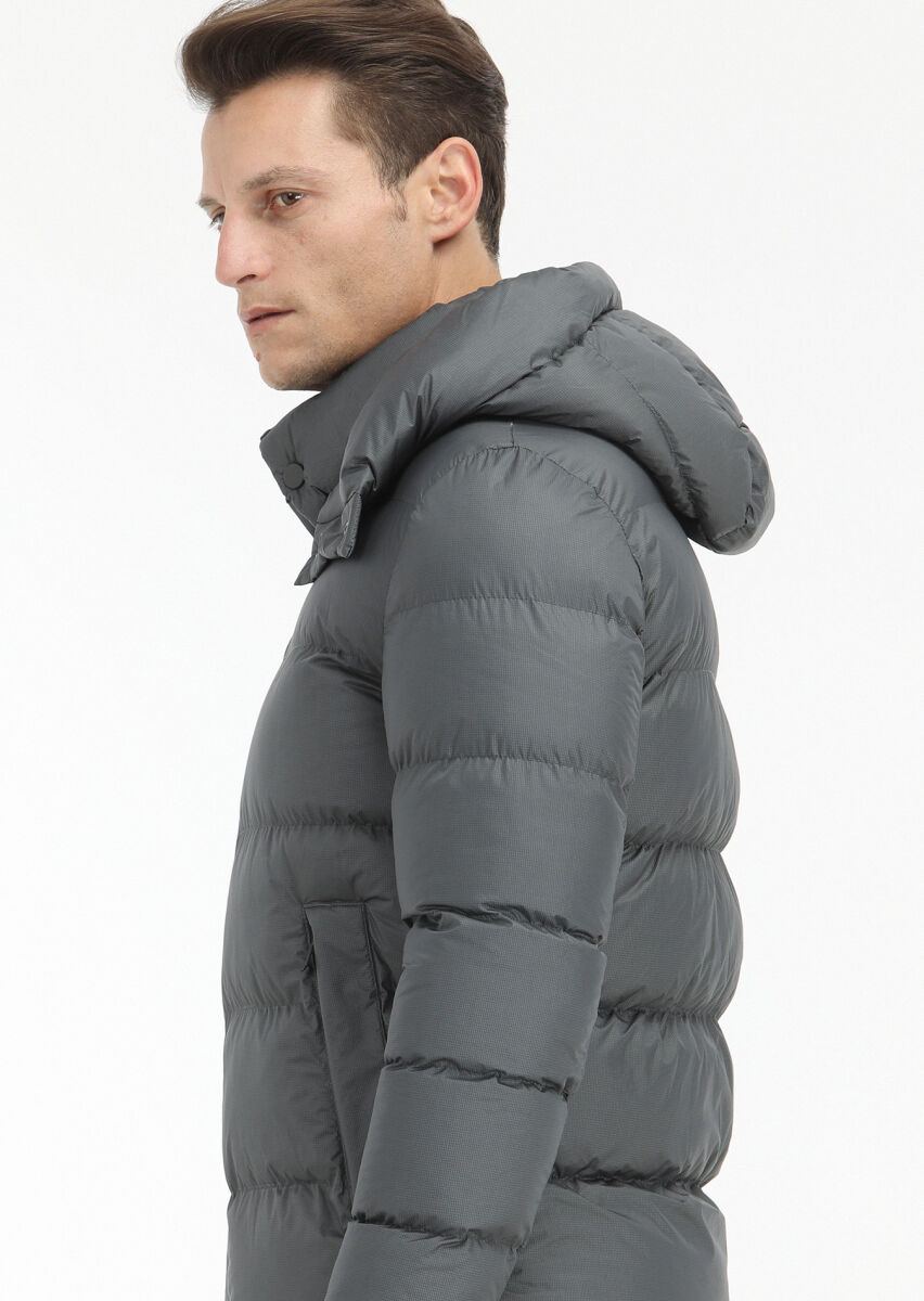 Antrasit Regular Fit Kapüşonlu Casual Dokuma Mont - 4
