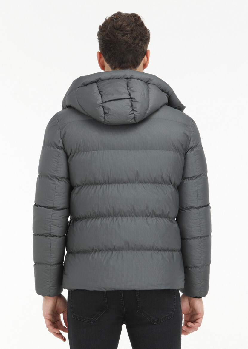 Antrasit Regular Fit Kapüşonlu Casual Dokuma Mont - 5