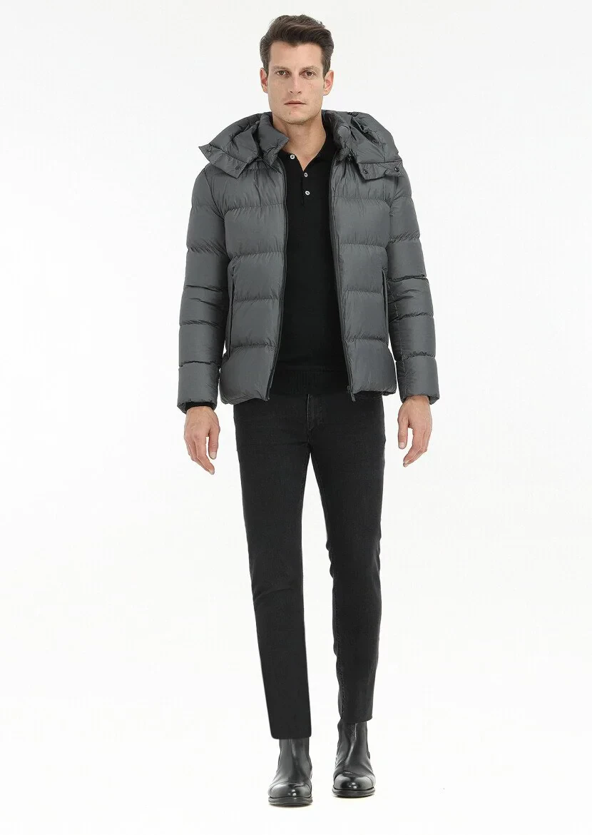 Antrasit Regular Fit Kapüşonlu Casual Dokuma Mont - 1