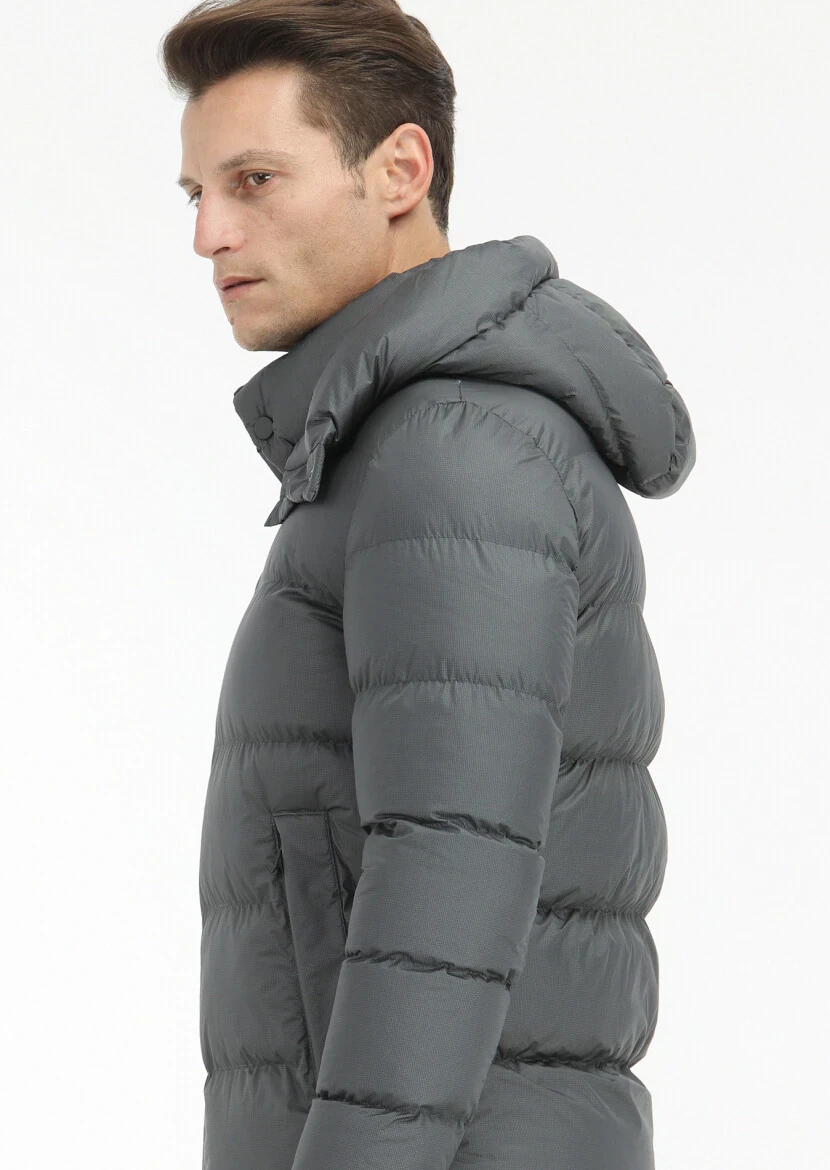 Antrasit Regular Fit Kapüşonlu Casual Dokuma Mont - 4