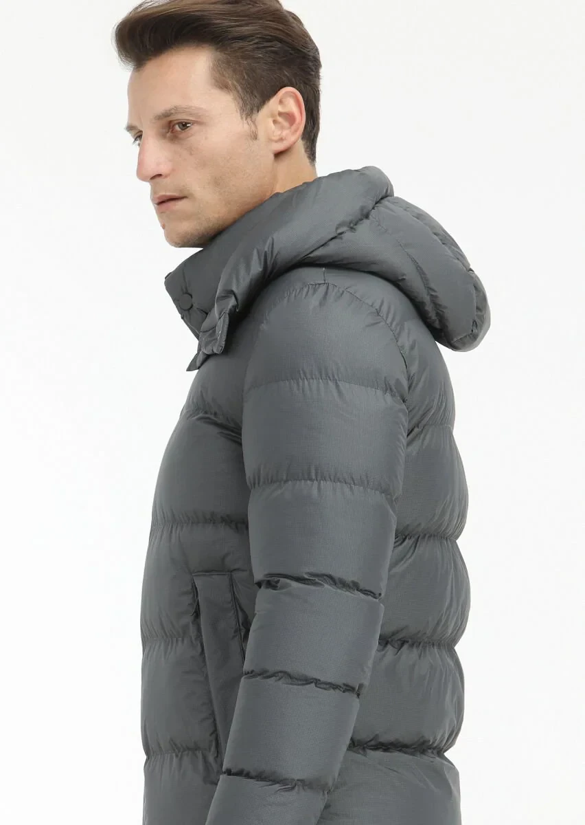 Antrasit Regular Fit Kapüşonlu Casual Dokuma Mont - 4