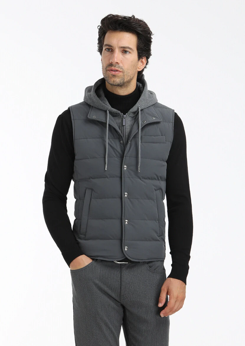 Antrasit Regular Fit Kapüşonlu Casual Dokuma Spor Yelek - 2