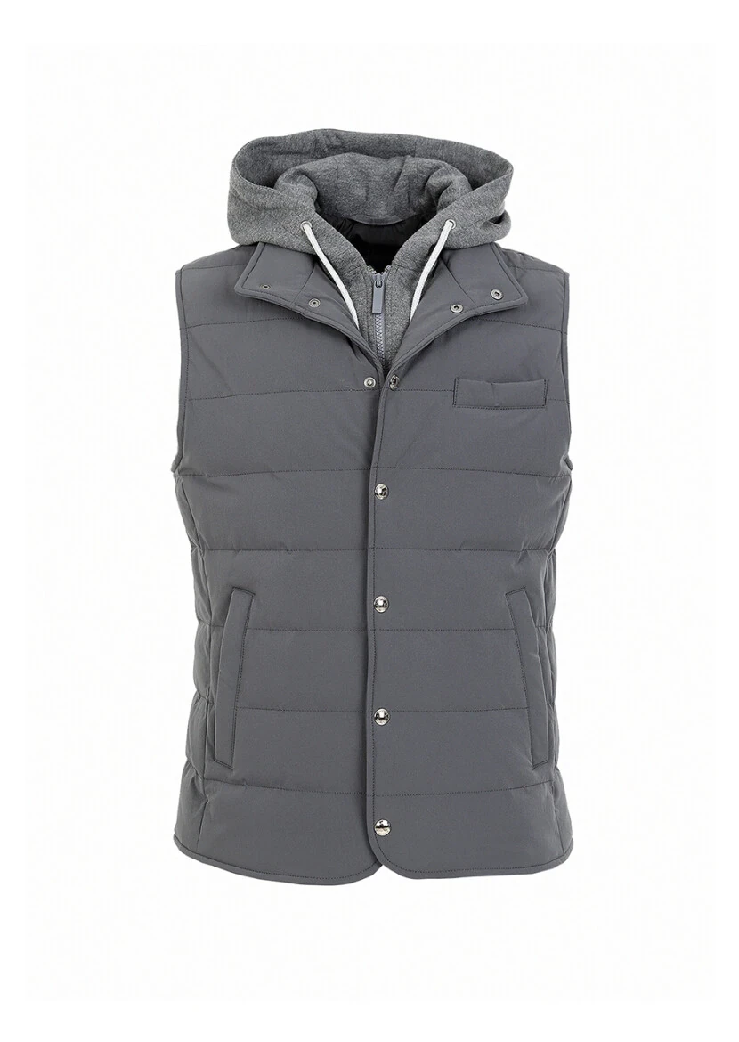 Antrasit Regular Fit Kapüşonlu Casual Dokuma Spor Yelek - 5