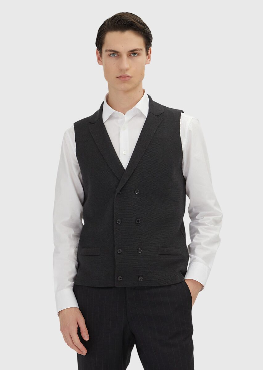 Antrasit Regular Fit Kelebek Yaka Casual Örme Triko Yelek - 1