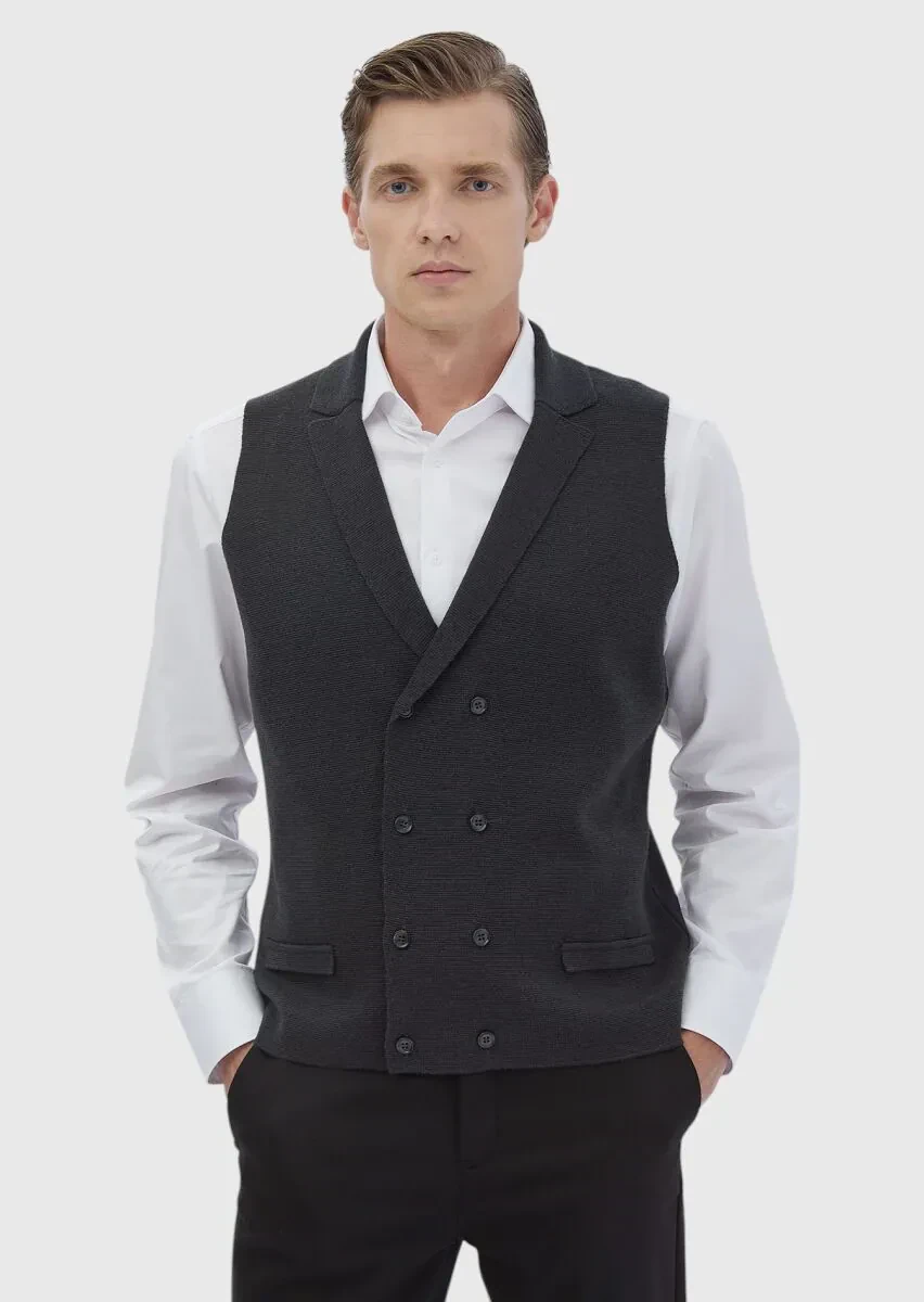 Antrasit Regular Fit Kelebek Yaka Casual Örme Triko Yelek - 1