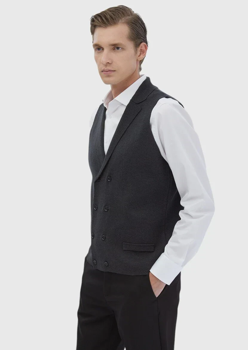 Antrasit Regular Fit Kelebek Yaka Casual Örme Triko Yelek - 3