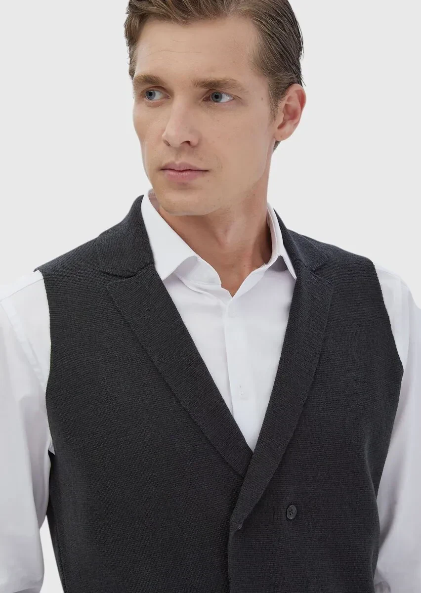 Antrasit Regular Fit Kelebek Yaka Casual Örme Triko Yelek - 4