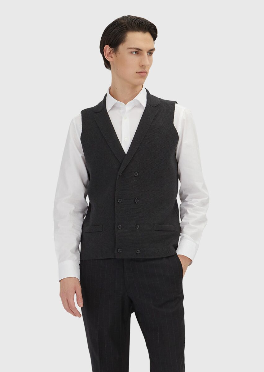 Antrasit Regular Fit Kelebek Yaka Casual Örme Triko Yelek - 2