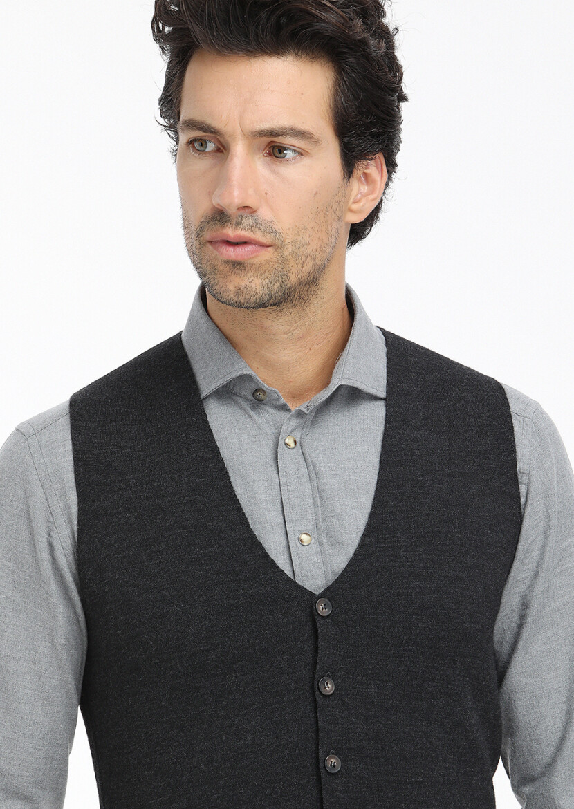 Antrasit Regular Fit V Yaka Casual Örme Triko Yelek - 3