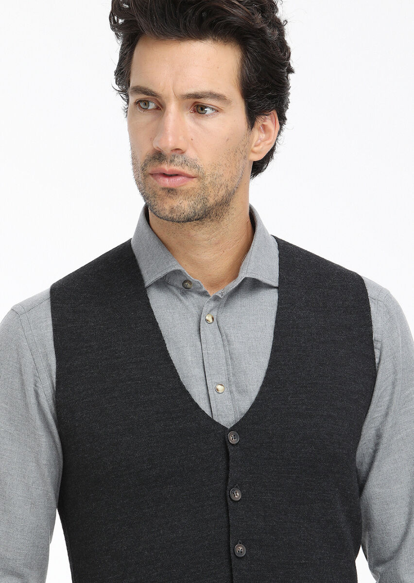 Antrasit Regular Fit V Yaka Casual Örme Triko Yelek - 3
