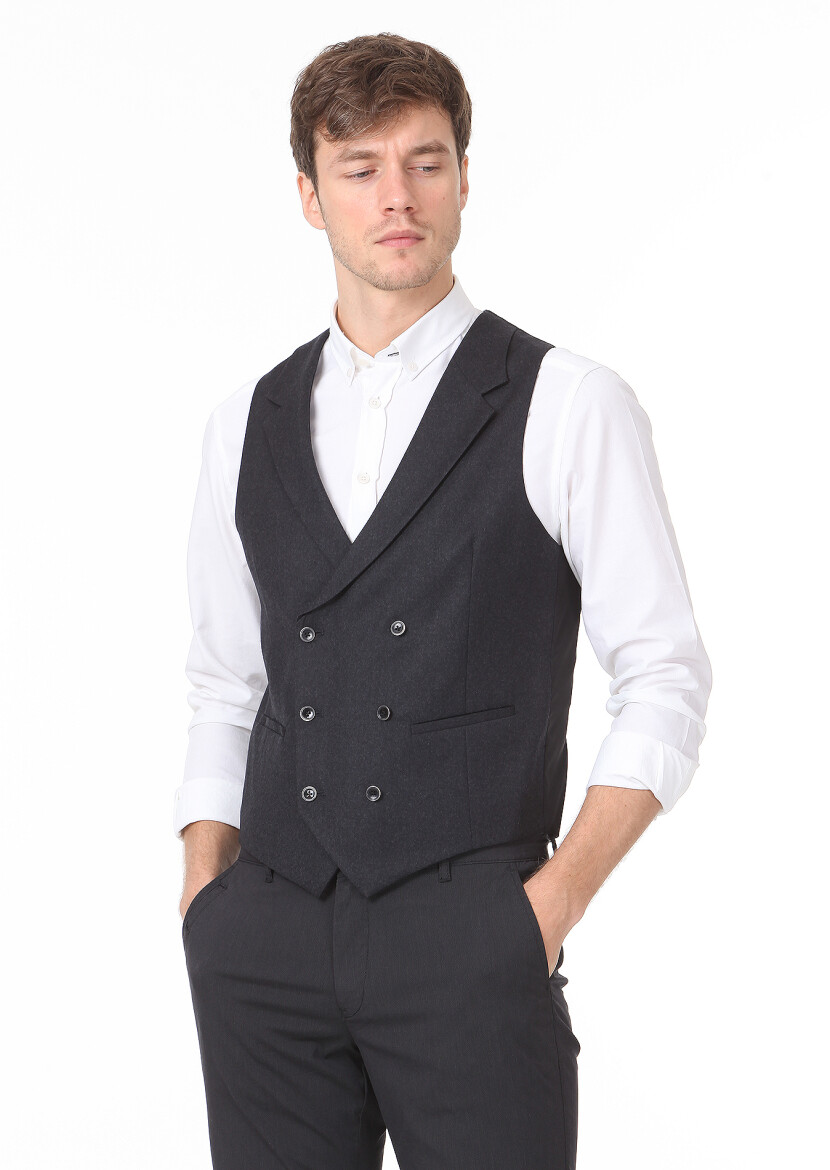 Antrasit Slim Fit Kelebek Yaka Casual Yelek - 1