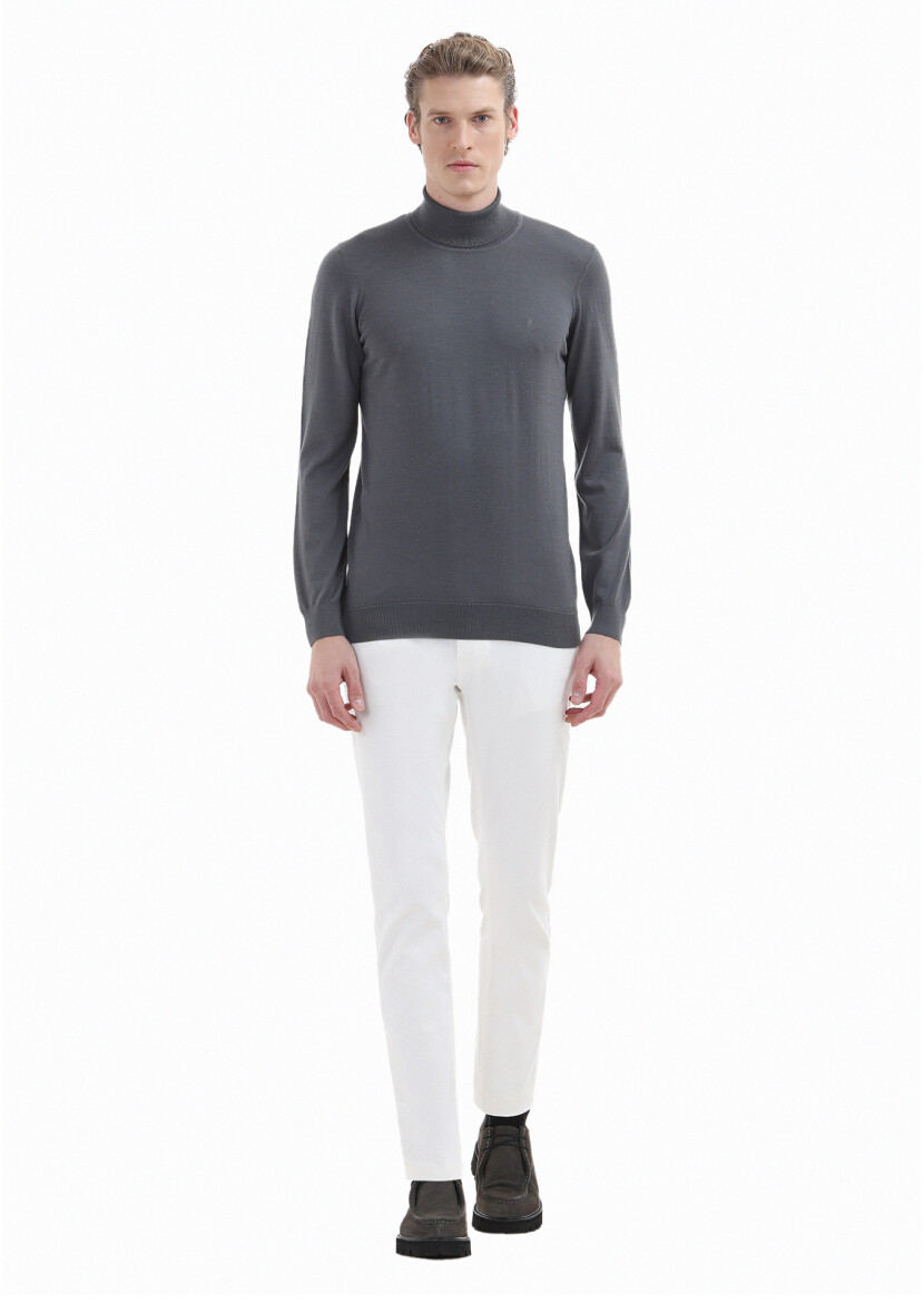 Antrasit Tam Balıkçı Yaka Düz Örgü İpek Karışımlı Triko Kazak 