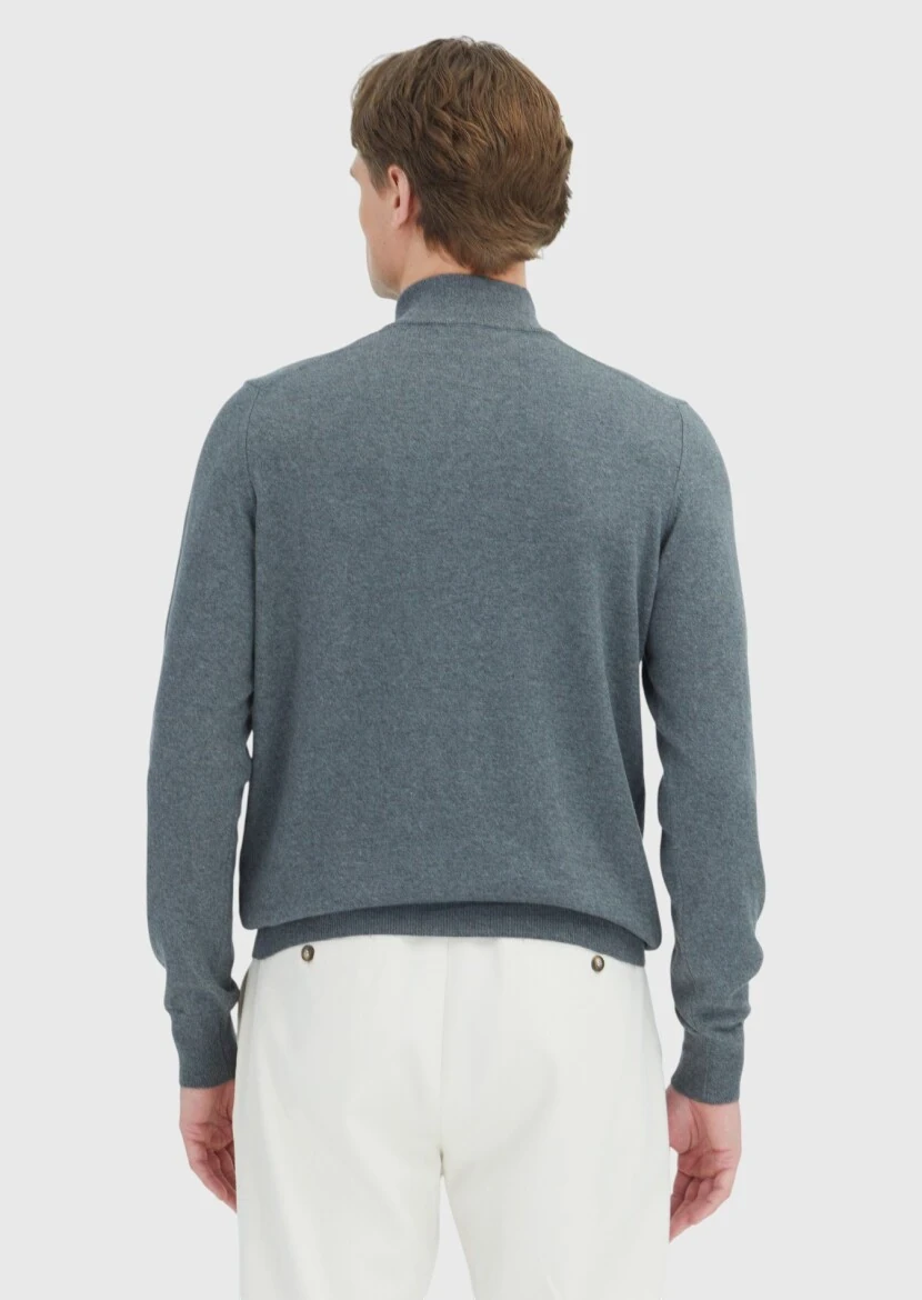 Antrasit Yarım Balıkçı Yaka Düz Örgü Pamuk Karışımlı Triko Kazak - 6