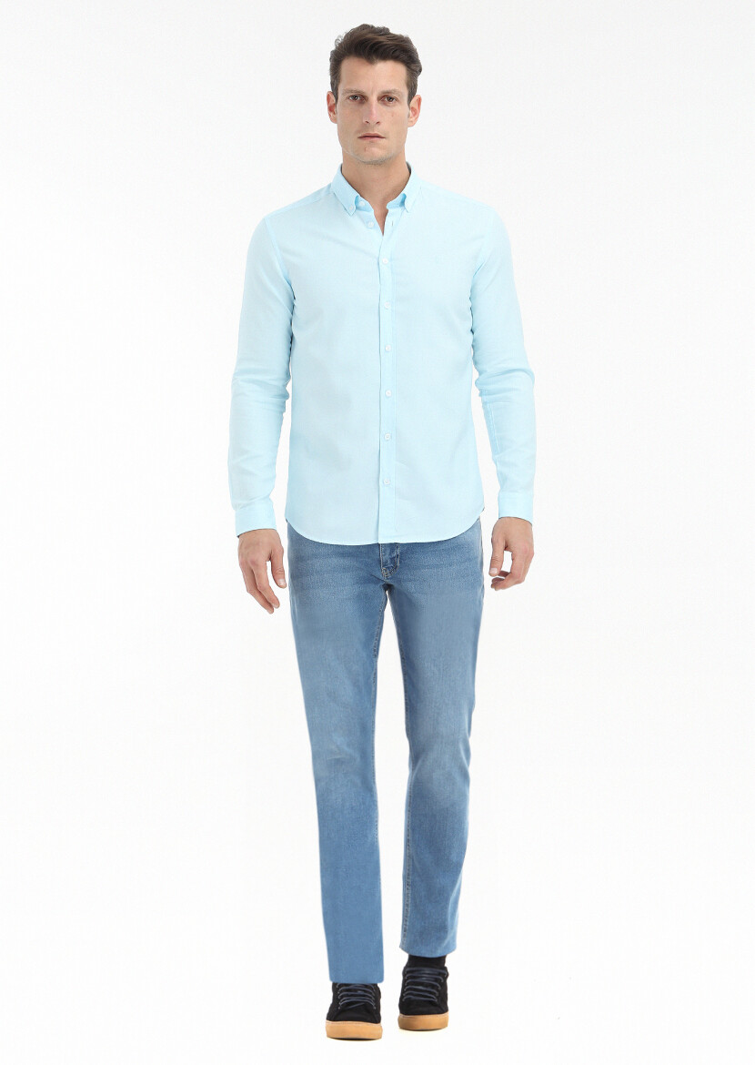 Aqua Düz Slim Fit Uzun Dokuma Casual %100 Pamuk Gömlek - 1