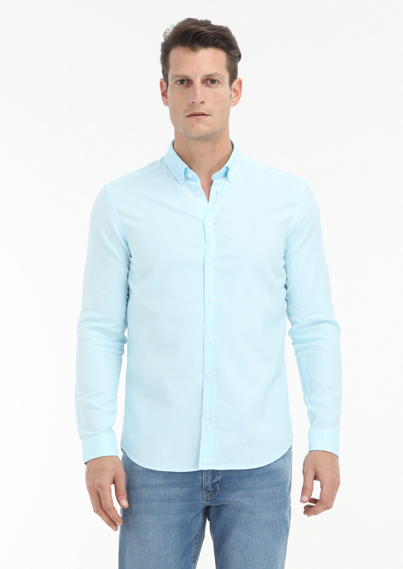 Aqua Düz Slim Fit Uzun Dokuma Casual %100 Pamuk Gömlek 