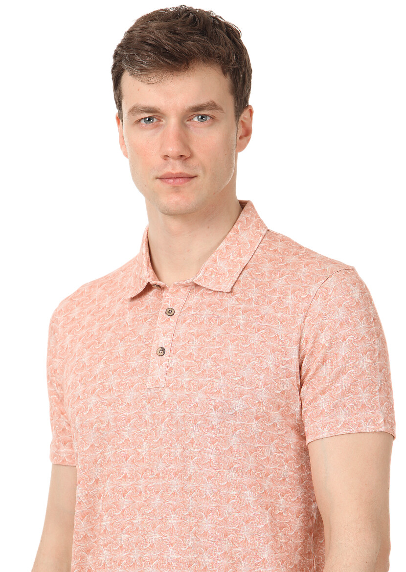 Bakır Baskılı Polo Yaka Keten Karışımlı T-Shirt 
