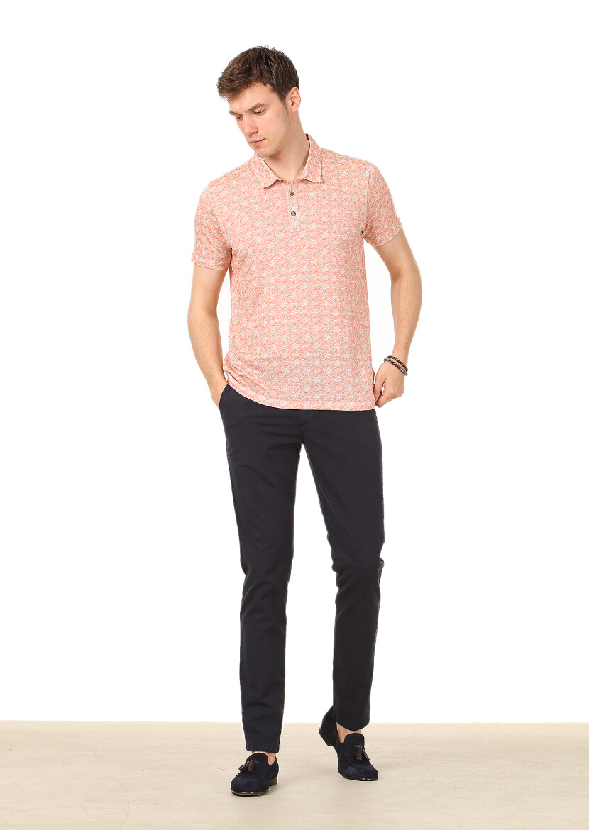 Bakır Baskılı Polo Yaka Keten Karışımlı T-Shirt - 3