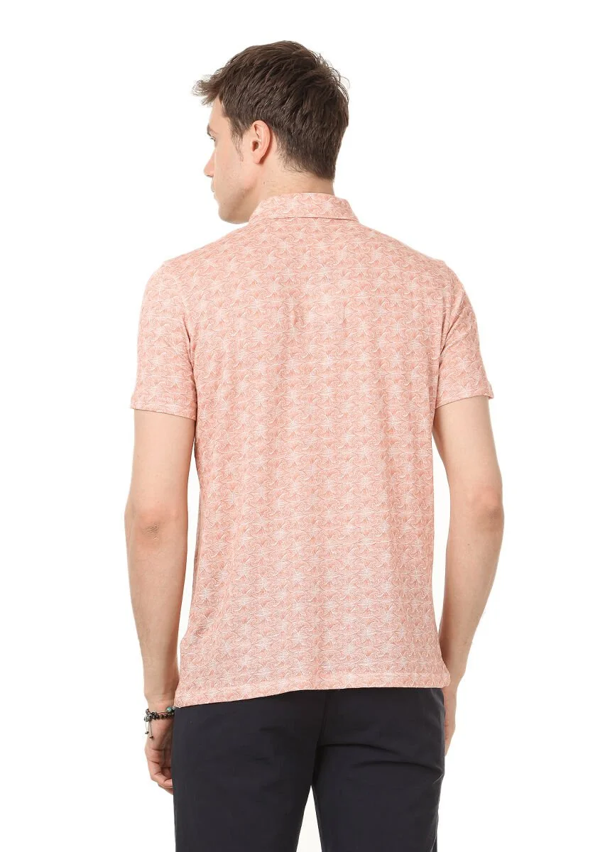 Bakır Baskılı Polo Yaka Keten Karışımlı T-Shirt - 4