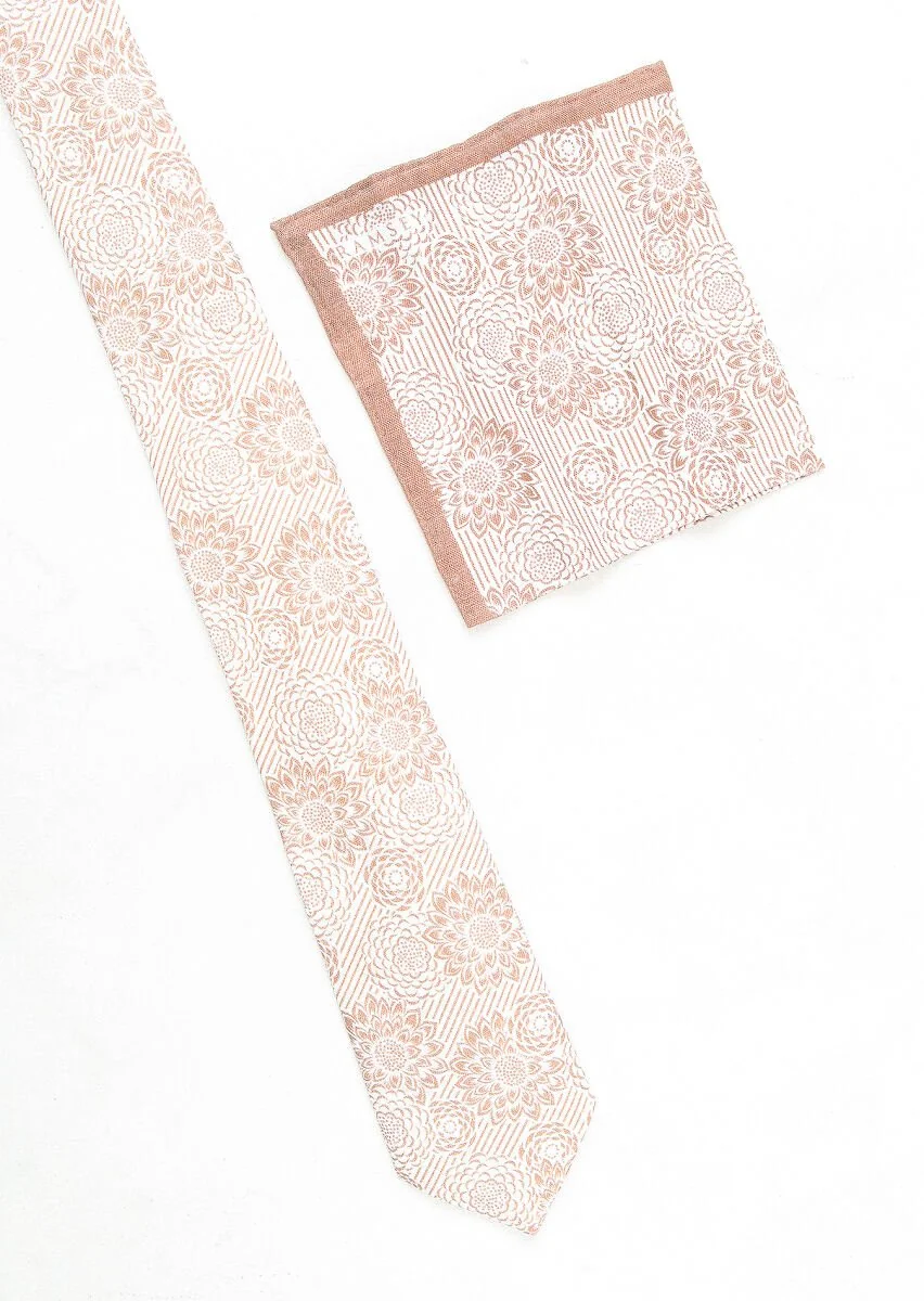 Beige %100 Keten Tie Hangerchief Set - 1