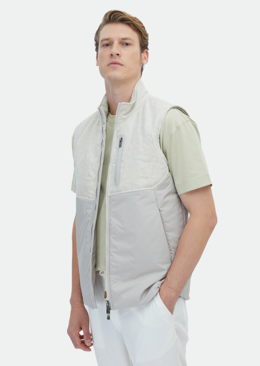 Beige 100% Linen Weaving Puffer Vest - 3