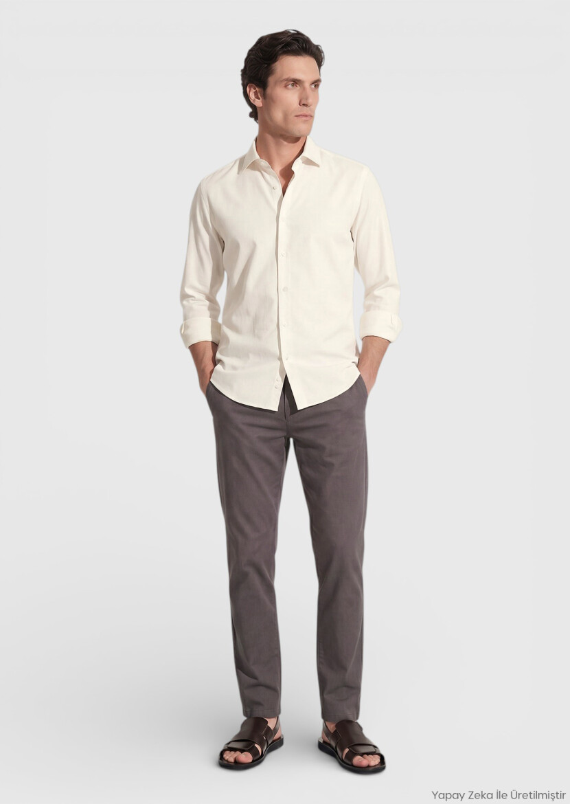 Beige Casual Fit Long Weaving Casual 100% Cotton Shirt - RAMSEY