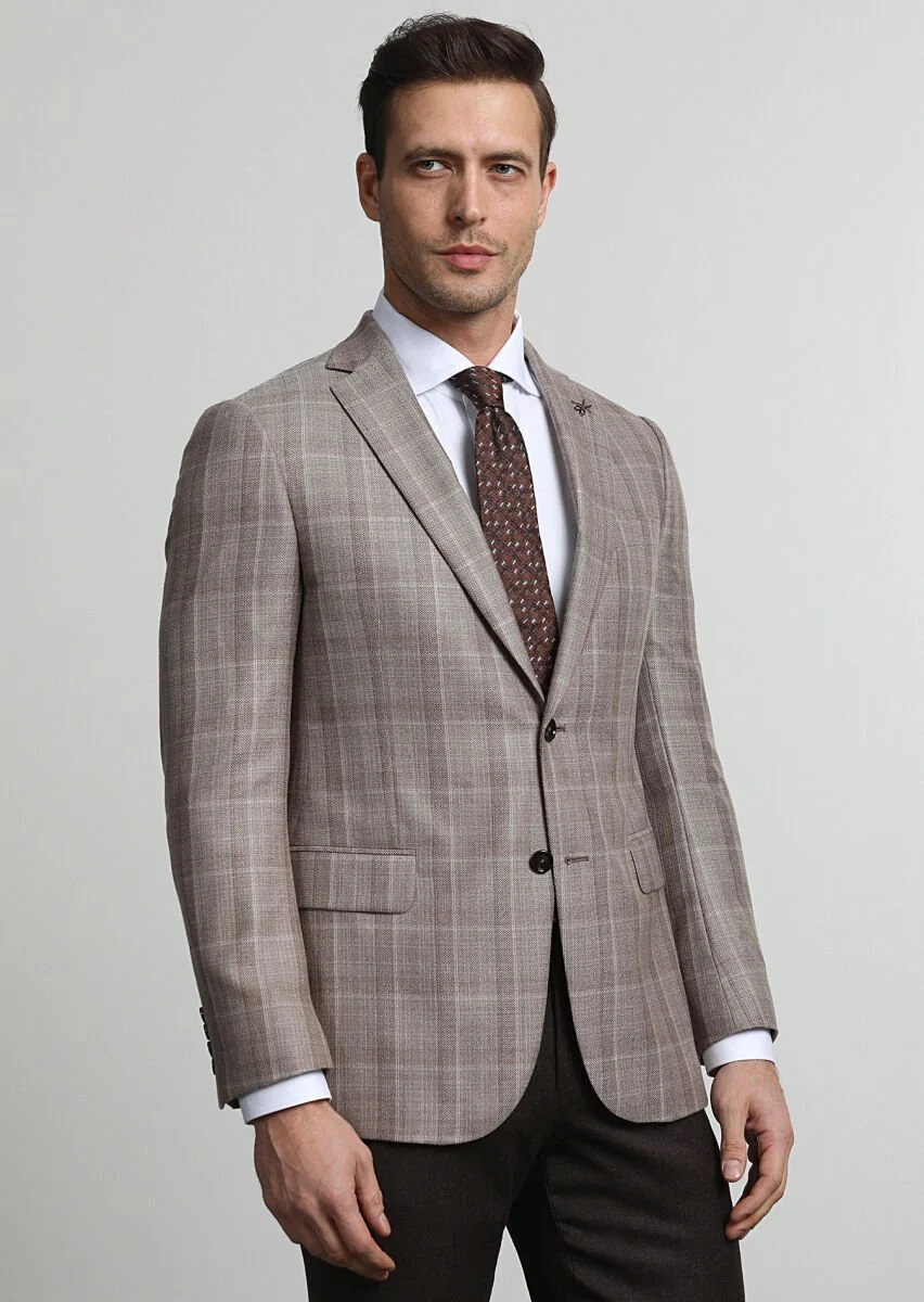 Beige Checkered Regular Fit 100% Cashmire Jacket - 2