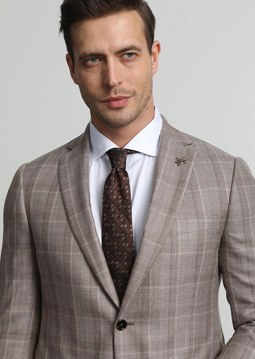 Beige Checkered Regular Fit 100% Cashmire Jacket - 3
