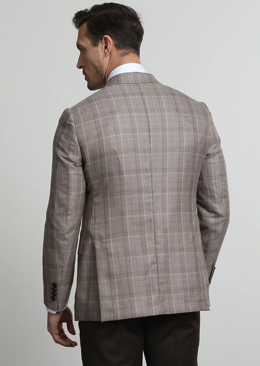 Beige Checkered Regular Fit 100% Cashmire Jacket - 4