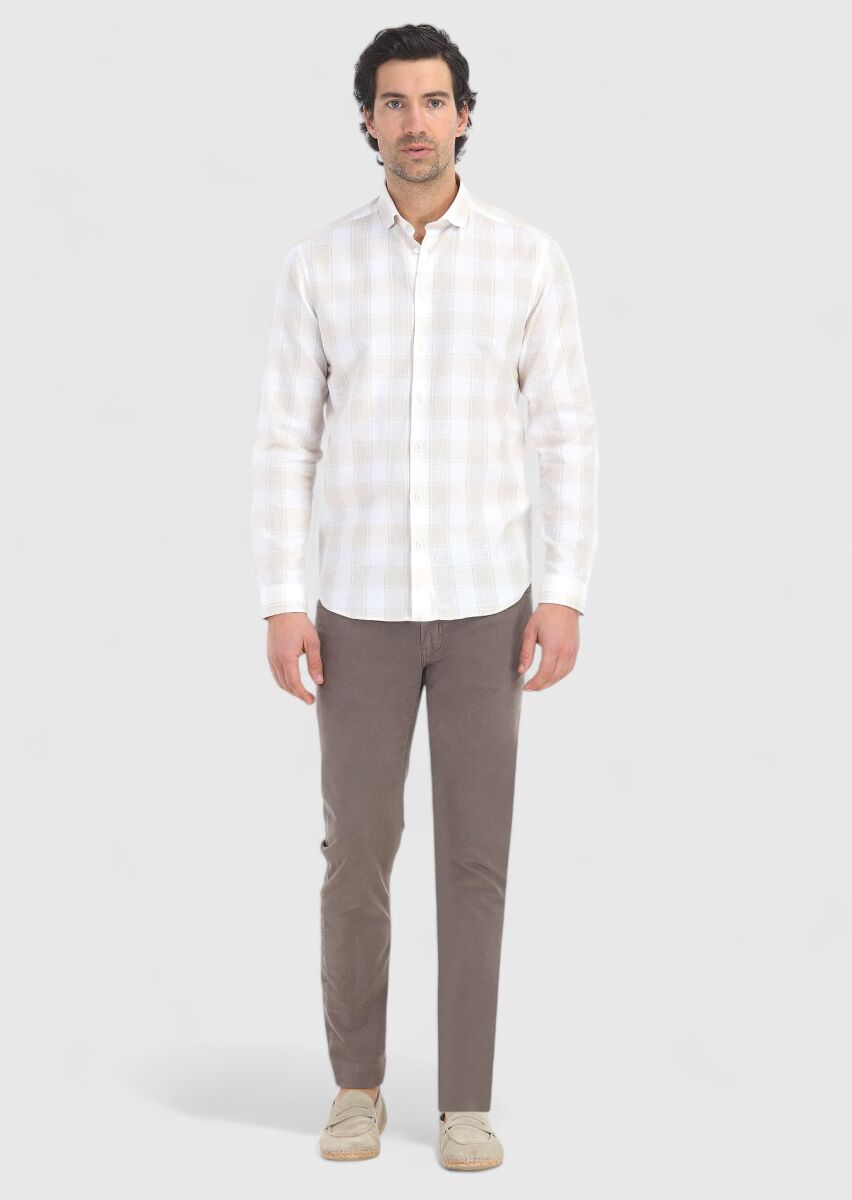 Beige Checkered Regular Fit Long Weaving Casual Cotton Blended Shirt - 1