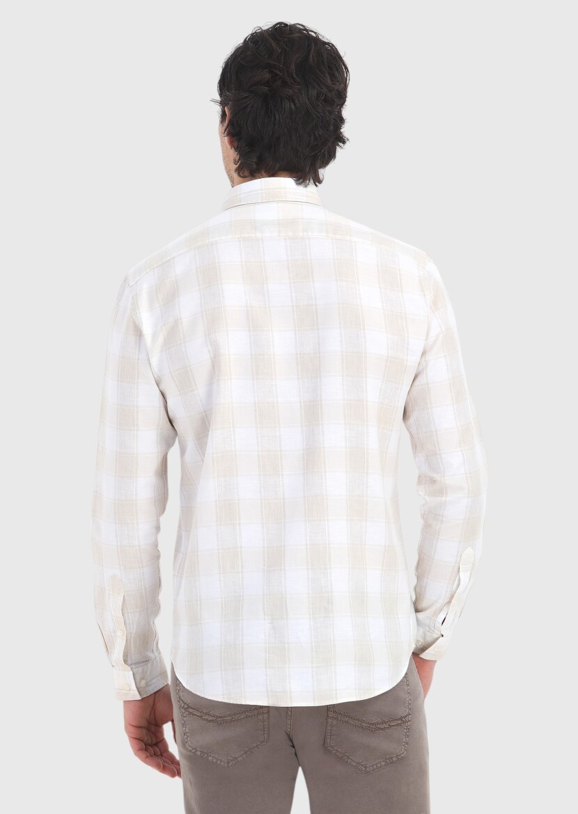 Beige Checkered Regular Fit Long Weaving Casual Cotton Blended Shirt - 4