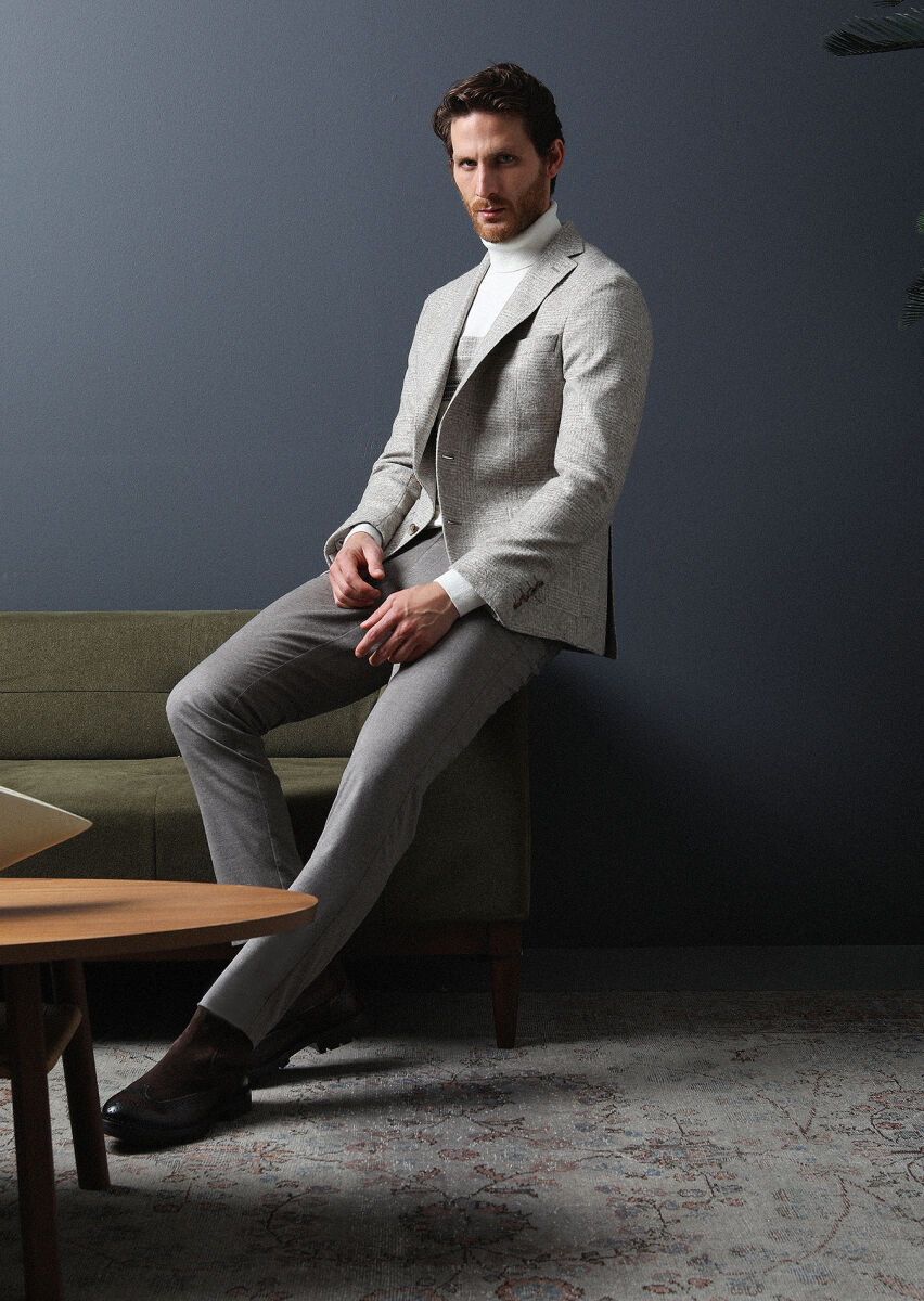 Beige Checkered Shirt Shoulder Slim Fit Wool Blended Jacket - 1