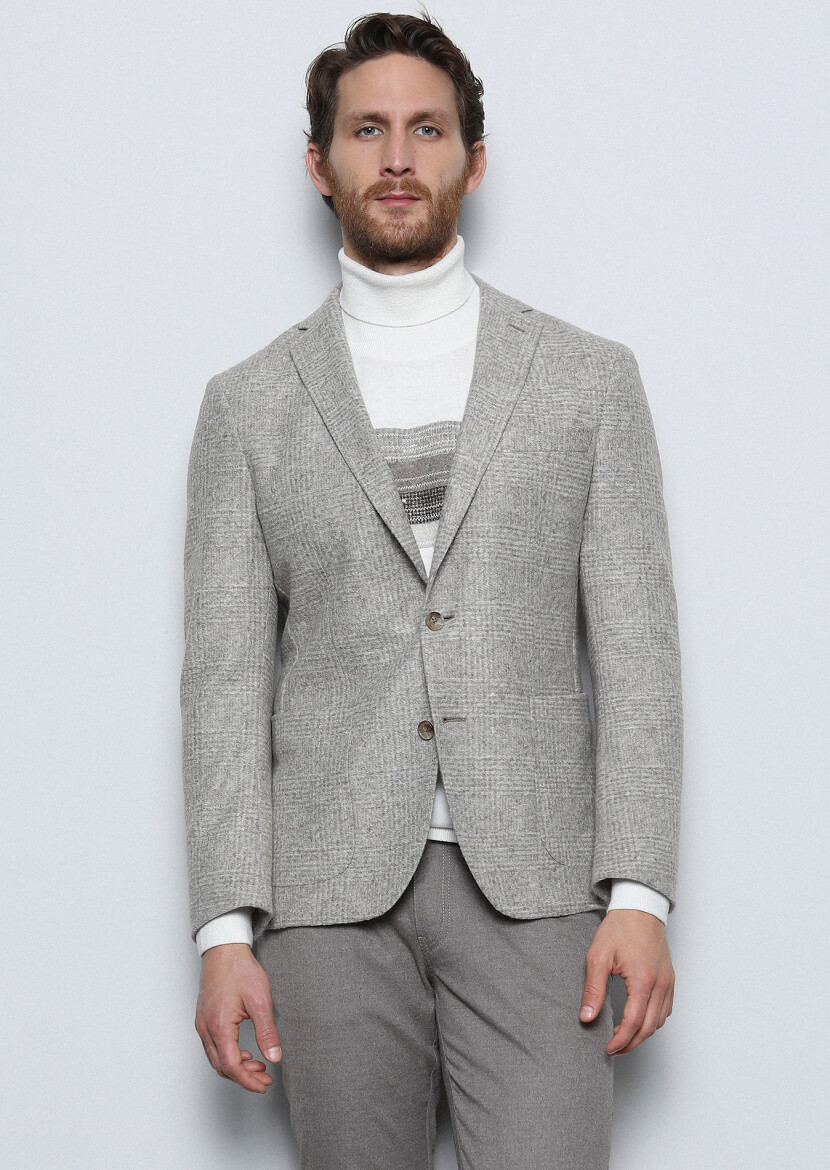 Beige Checkered Shirt Shoulder Slim Fit Wool Blended Jacket - 3