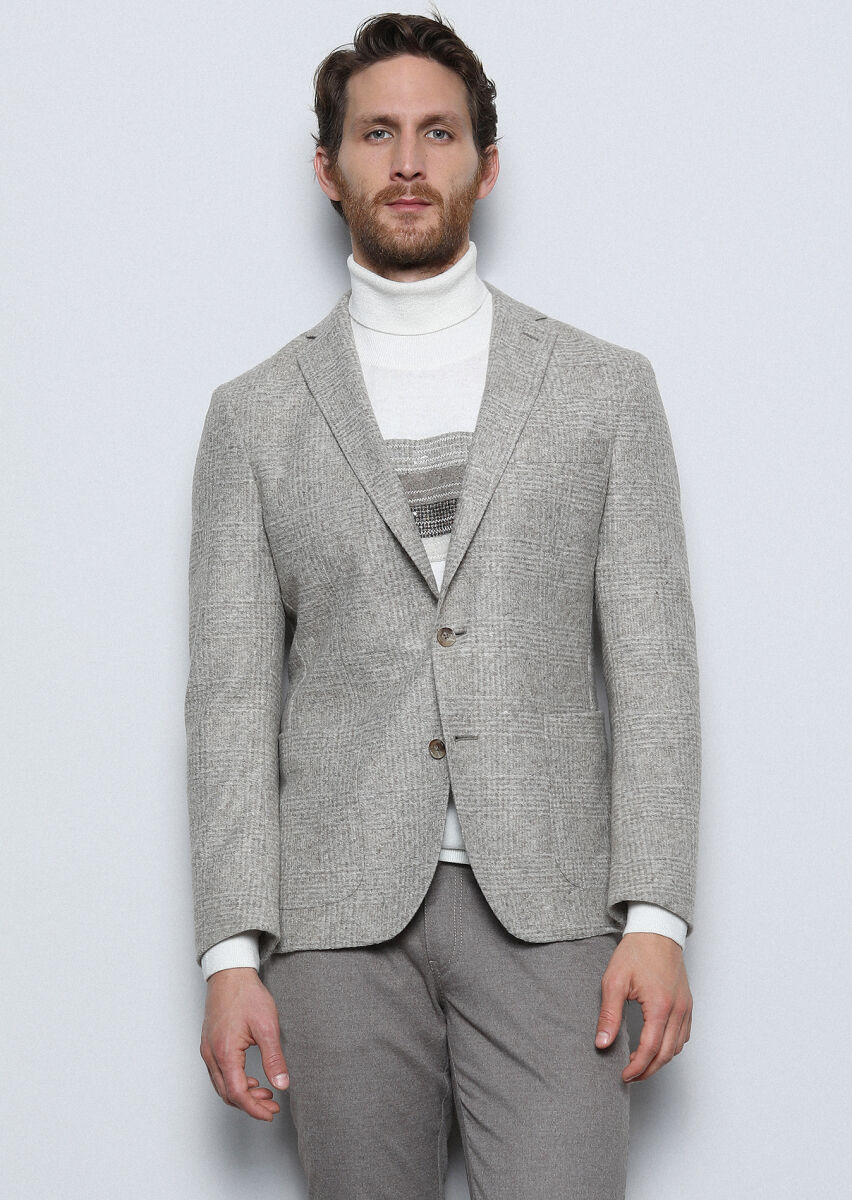 Beige Checkered Shirt Shoulder Slim Fit Wool Blended Jacket - 3