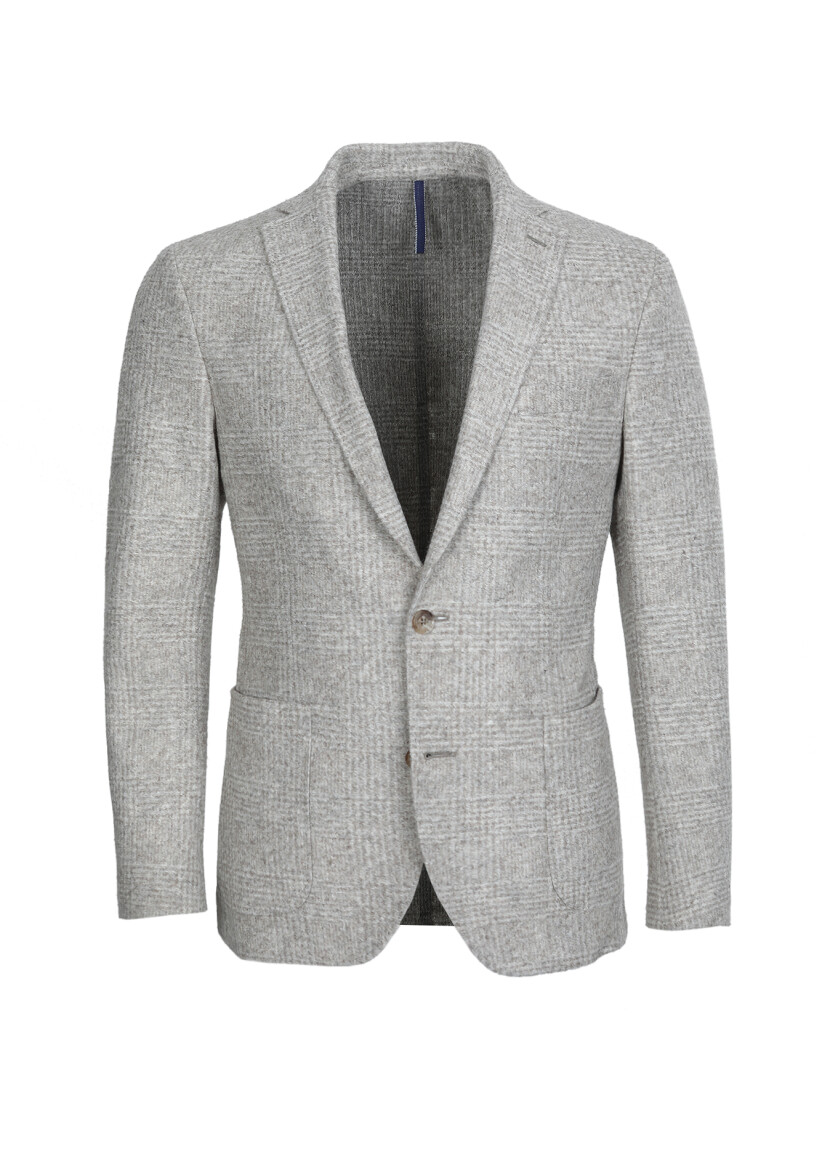 Beige Checkered Shirt Shoulder Slim Fit Wool Blended Jacket - 5