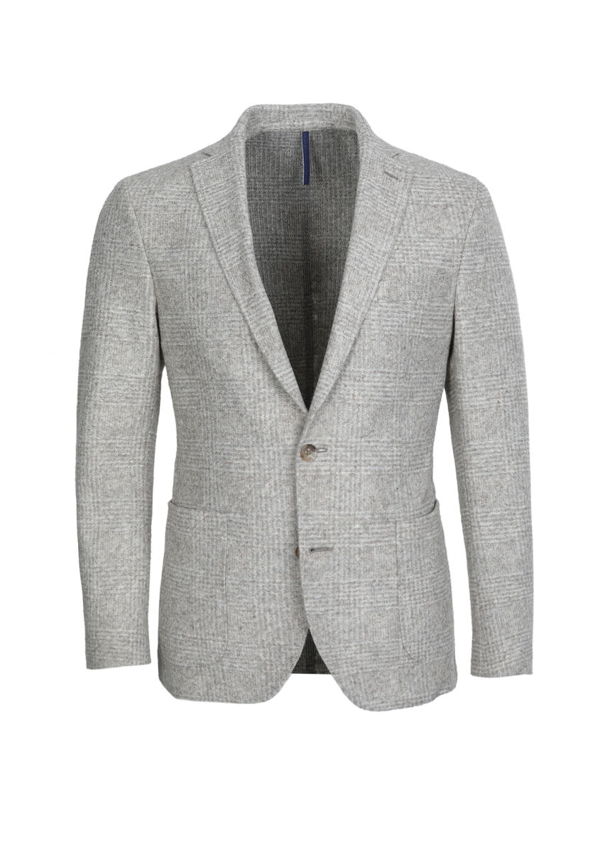 Beige Checkered Shirt Shoulder Slim Fit Wool Blended Jacket - 5