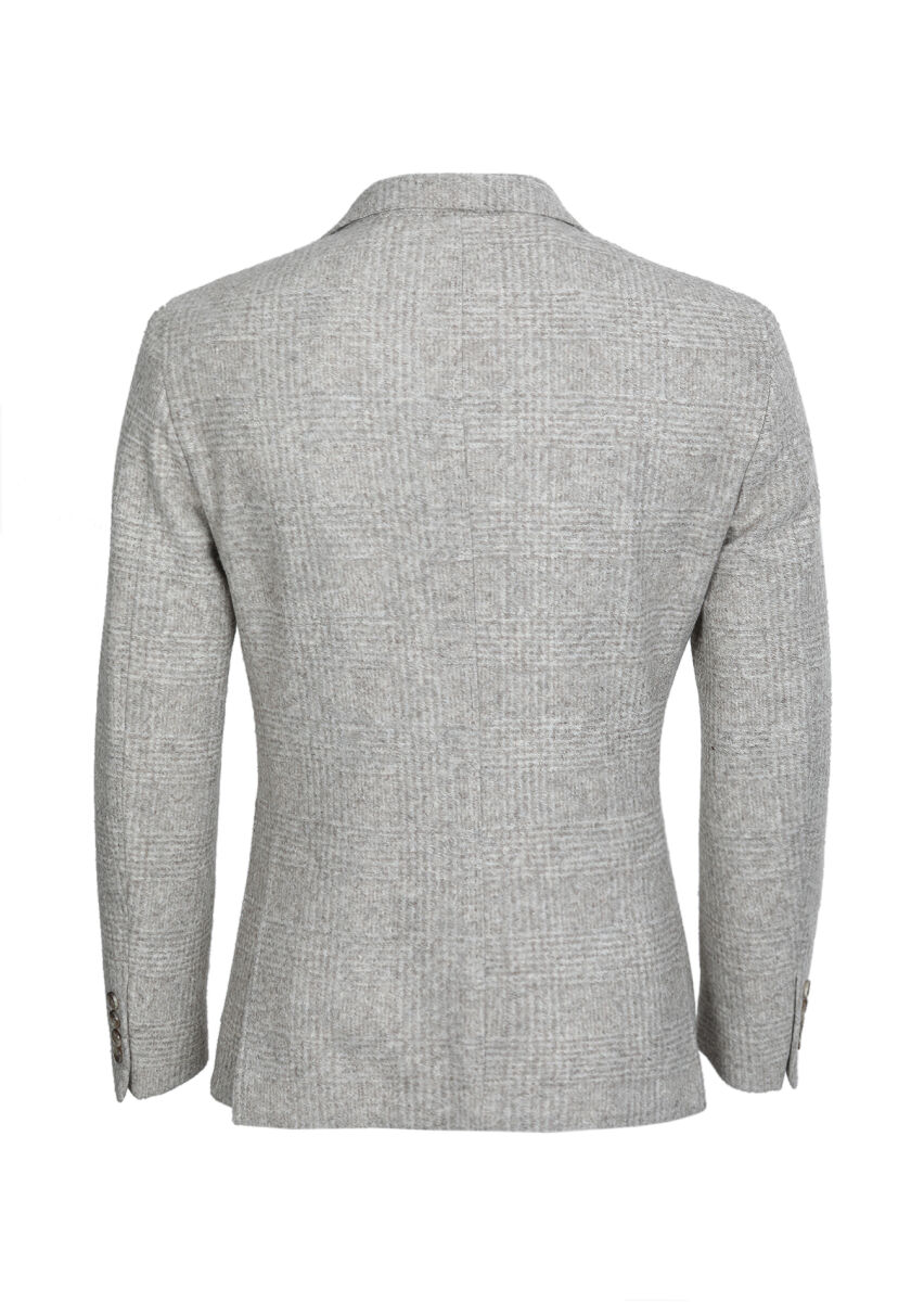 Beige Checkered Shirt Shoulder Slim Fit Wool Blended Jacket - 6