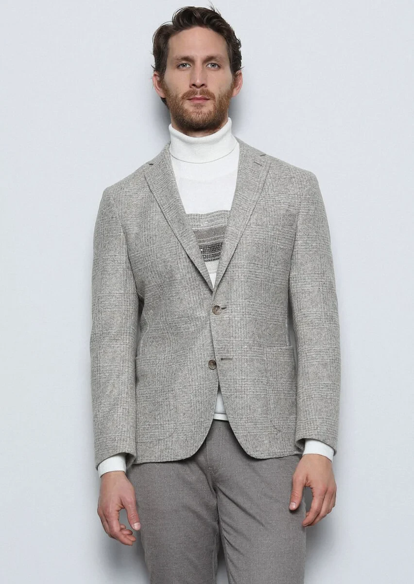 Beige Checkered Shirt Shoulder Slim Fit Wool Blended Jacket - 3