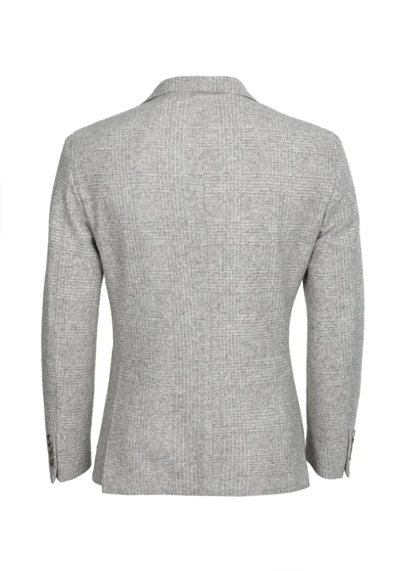 Beige Checkered Shirt Shoulder Slim Fit Wool Blended Jacket - 7