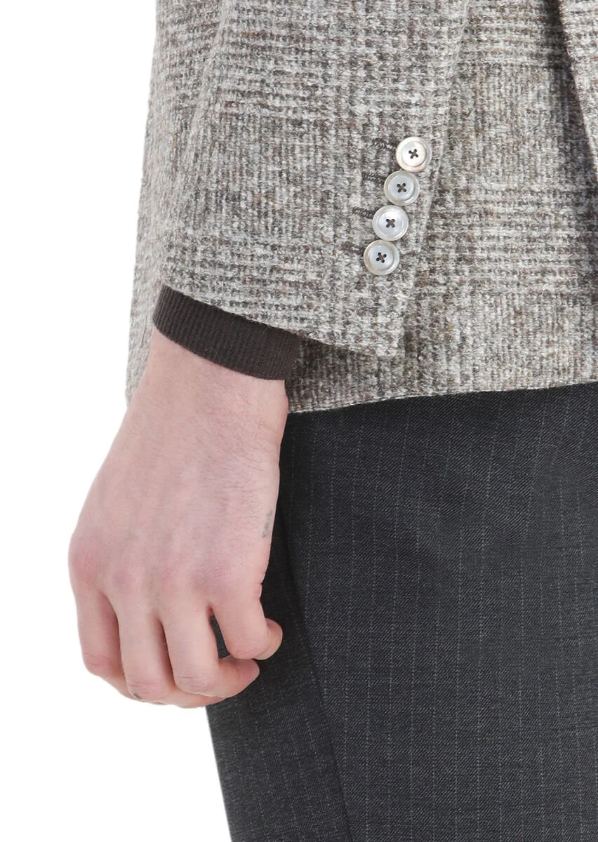 Beige Checkered Shirt Shoulder Slim Fit Wool Blended Jacket - 6