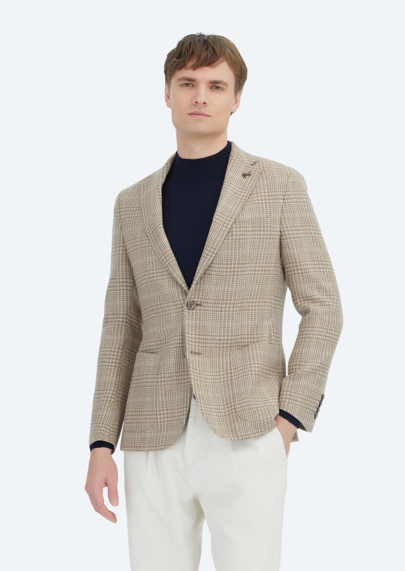 Beige Checkered Shirt Shoulder Slim Fit Wool Blended Jacket - RAMSEY
