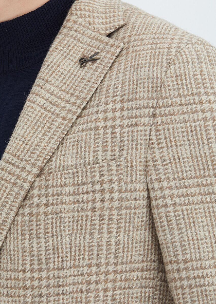 Beige Checkered Shirt Shoulder Slim Fit Wool Blended Jacket - 3