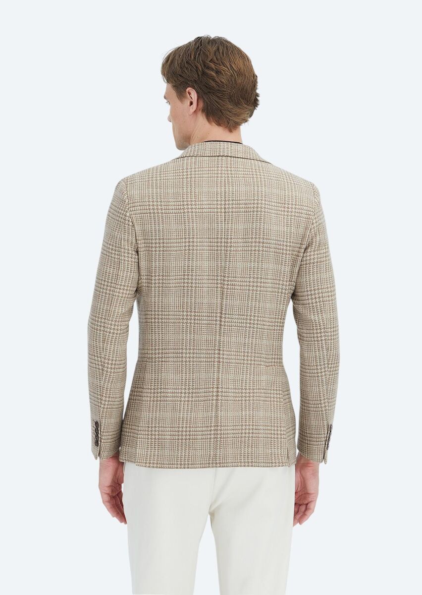 Beige Checkered Shirt Shoulder Slim Fit Wool Blended Jacket - 5
