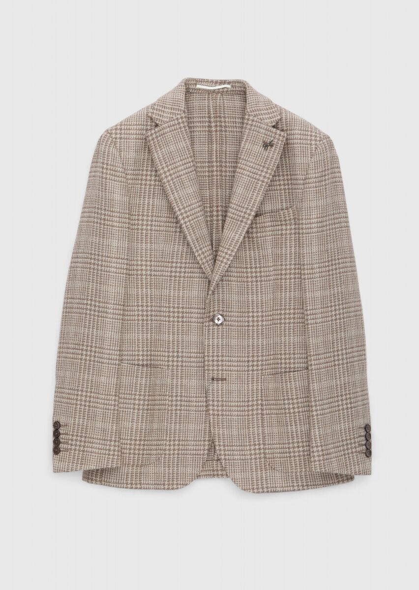 Beige Checkered Shirt Shoulder Slim Fit Wool Blended Jacket - 6