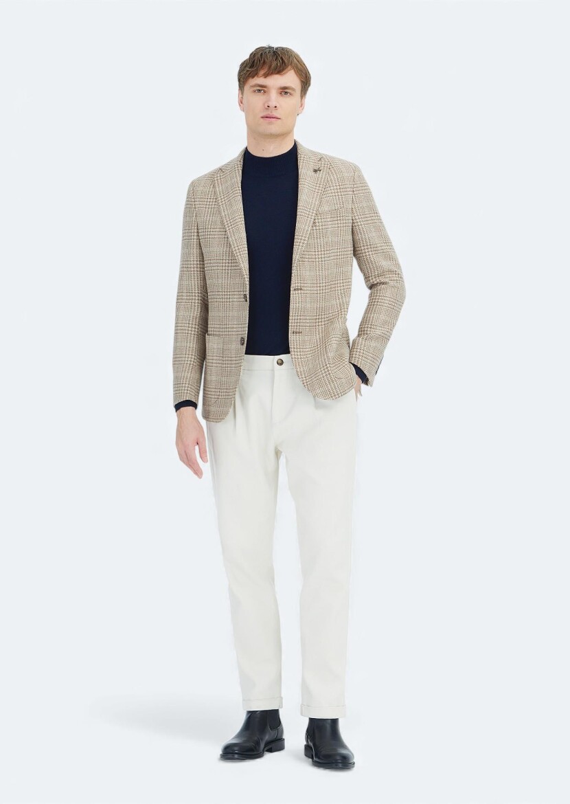 Beige Checkered Shirt Shoulder Slim Fit Wool Blended Jacket - RAMSEY